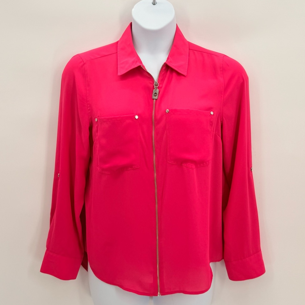 Michael Kors Hot Pink Zip Front Blouse Gold Hardware Long Sleeve Chic Work Top L